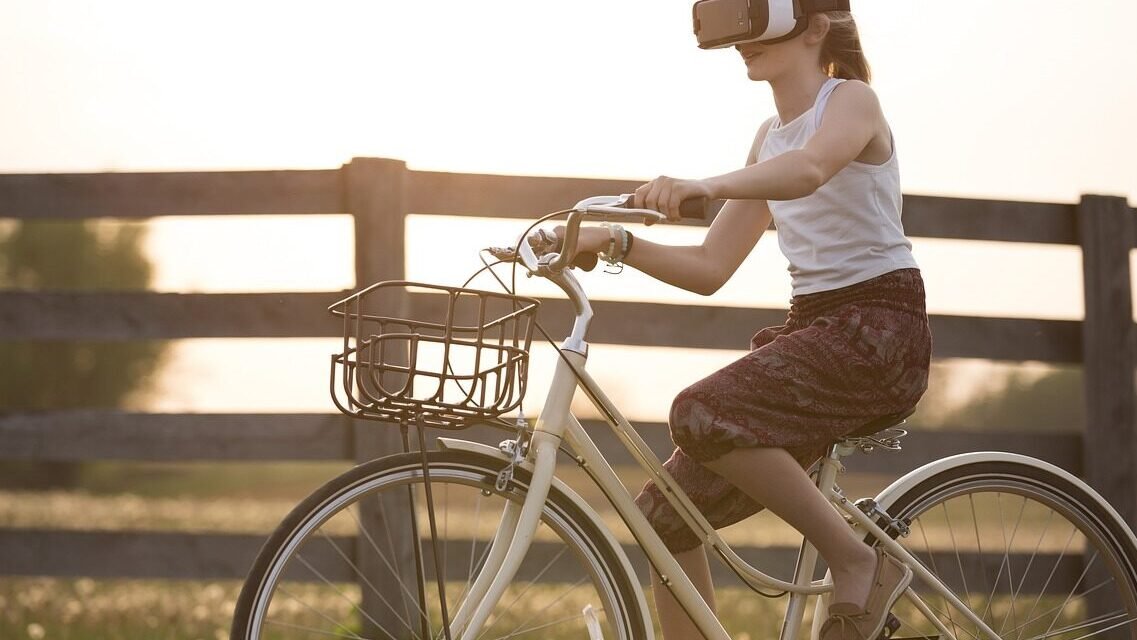 augmented reality, bicycle, girl, bike, child, cyclist, metaverse, fence, fun, outdoors, person, virtual reality, virtual reality glasses, virtual reality goggles, virtual reality headset, vr headset, augmented reality, augmented reality, bicycle, bike, virtual reality, virtual reality, virtual reality, virtual reality, virtual reality, vr headset