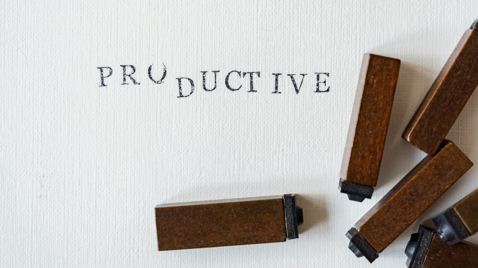 Wooden letter stamps forming the word 'productive' on a white canvas surface.
